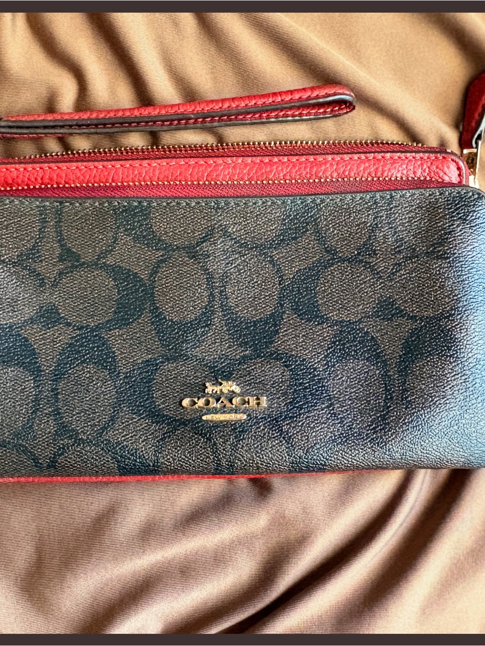 Coach Signature Canvas Wristlet in Black with Red Trim